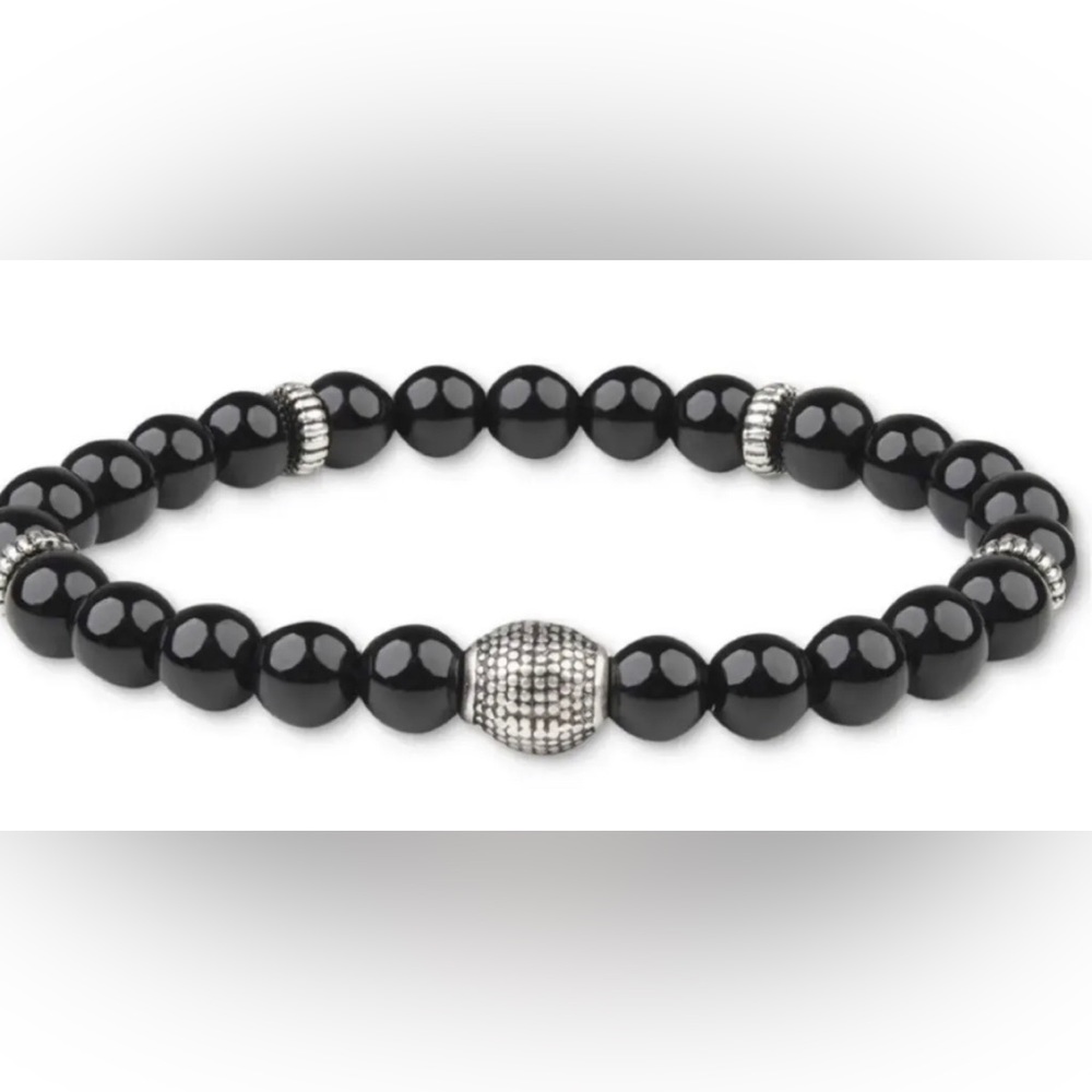 Bespoke Mens Stretch Beaded Bracelet Black Silver-tone
